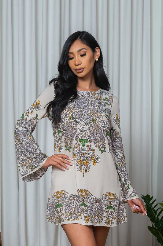 Paisley Motif Adorned Long Bell Sleeve Tunic Mini Dress with Round Keyhole Tie Back in Beige (165666) Cozy Satin Mini Dress