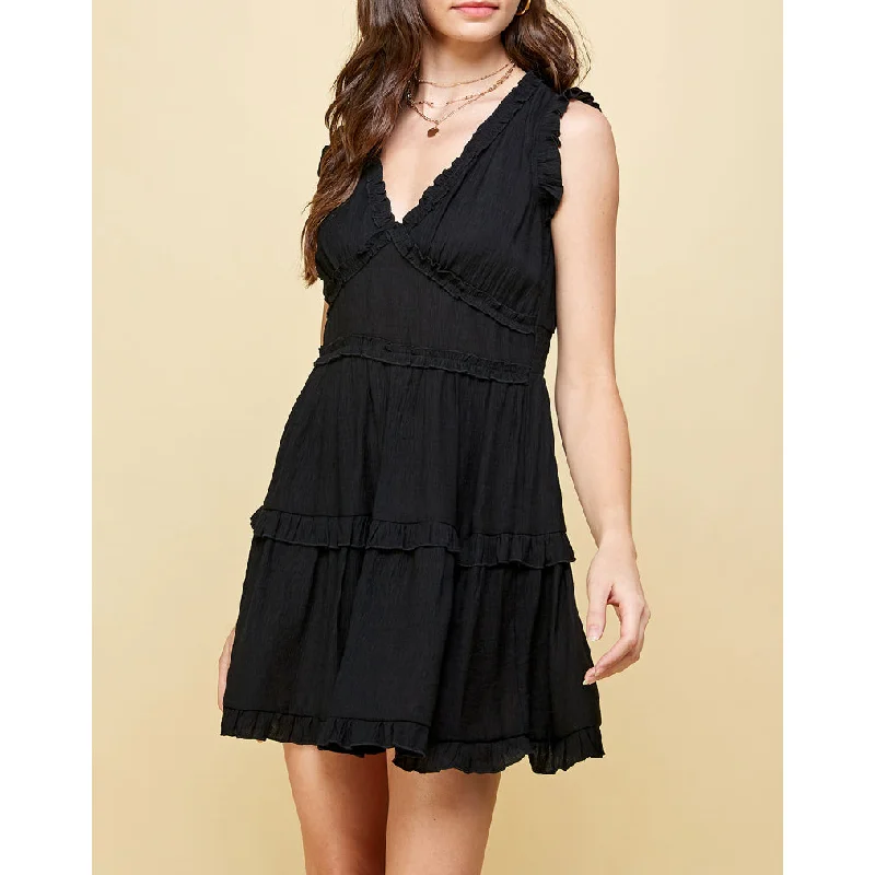 Pinch - V-Neck Ruffle Mini Dress - Black Cozy Ribbed Mini Dress