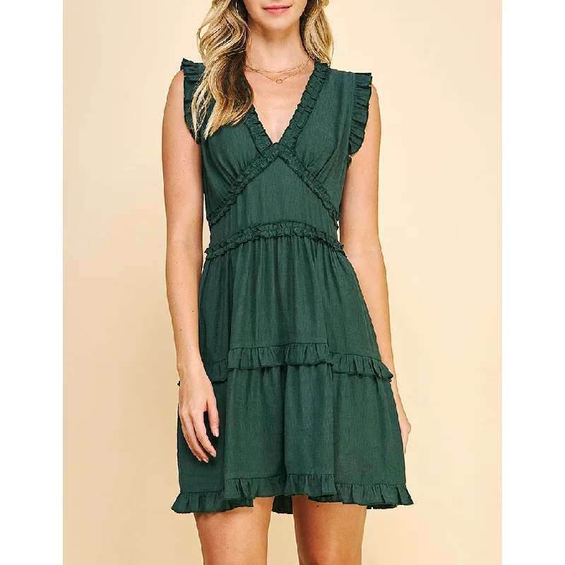 Pinch - V-Neck Ruffle Mini Dress - Hunter Green Trendy Denim Mini Dress