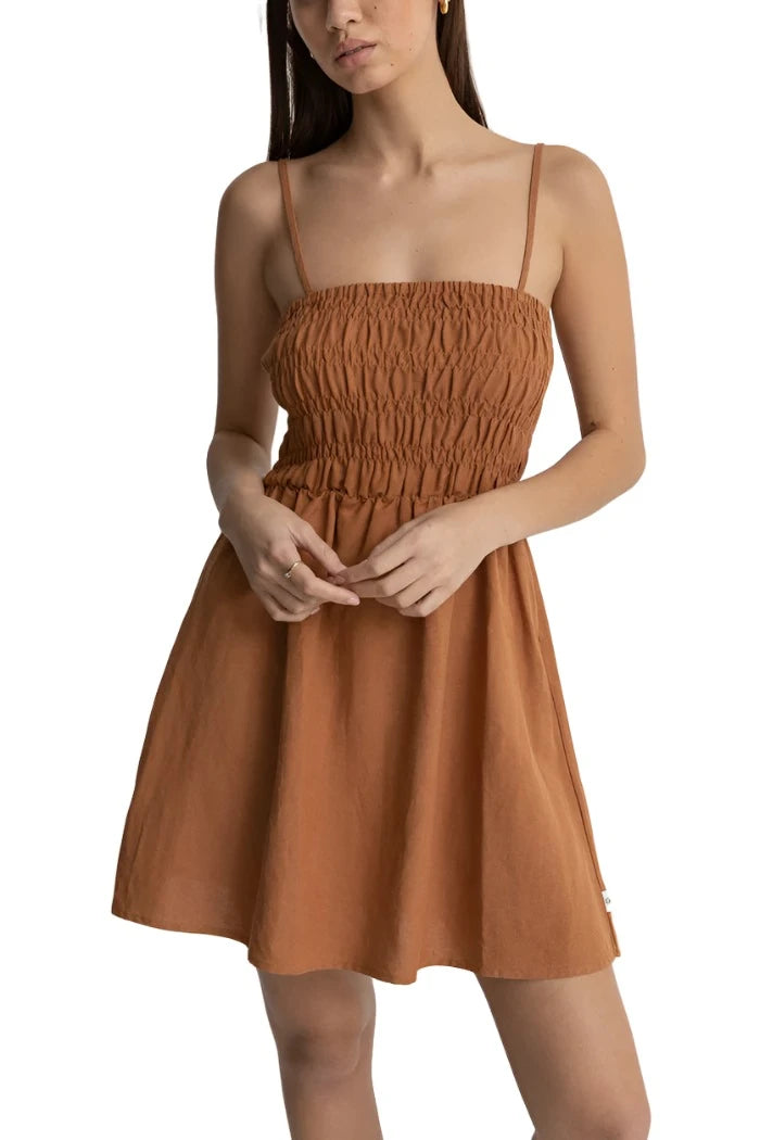 RHYTHM Women's Classic Shirred Mini Dress Caramel Trendy Tie-Dye Mini Dress