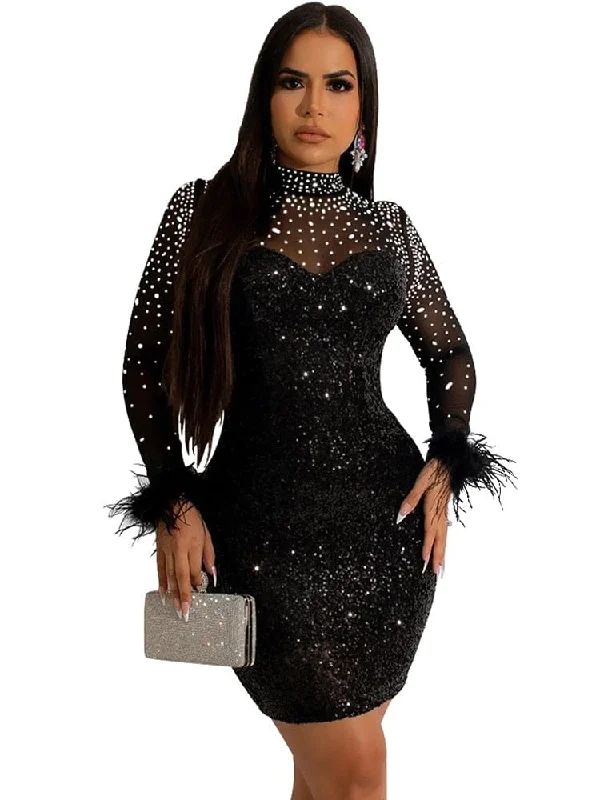 Sexy Mesh Rhinestone Sequin Feather Prom Mini Dresses See Through Night Club Outfits Party Sexy Clubwear Diamond Short Dress Stylish Short Sleeve Mini Dress