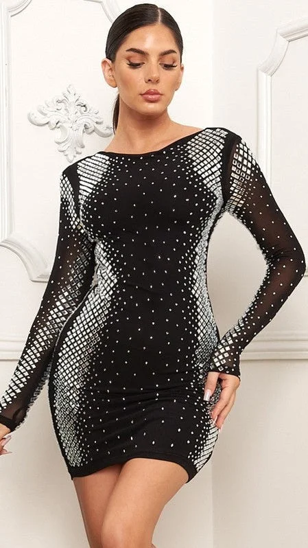 Black Long Sleeve Rhinestone Mini Dress Stylish Sweetheart Mini Dress