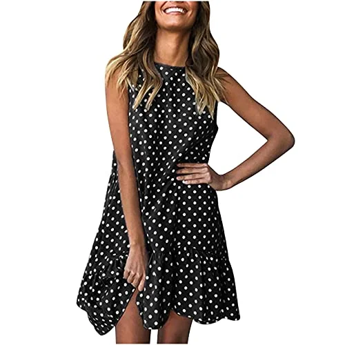 Summer Mini Dress for Women, Women's Casual Sundress Polka Dots Sleeveless Round Neck Beach Short Dresses | Original Brand Comfortable Ruffle Mini Dress