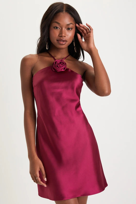 Sweet Prose Magenta Satin Rosette Halter Neck Mini Dress Trendy Crossover Mini Dress