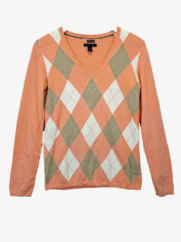 Tommy Hilfiger Preppy Peach Argyle V Neck Jumper Size S Graphic Sweater Embroidered Appliqued