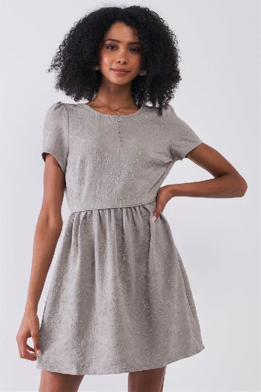 Silver Grey Floral Embroidery Round Neck Short Sleeve Mini Dress Comfortable One-Shoulder Mini Dress