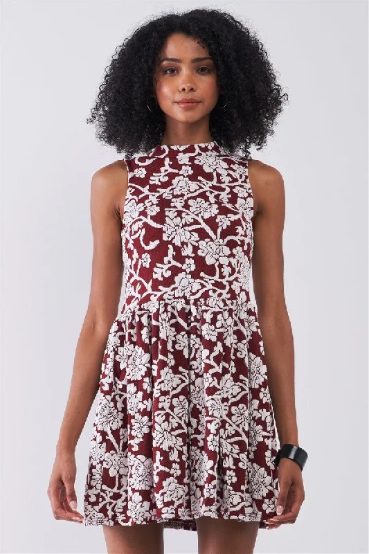 Burgundy & White Floral Crew Neck Sleeveless Fitted Mini Dress Cozy Sweater Mini Dress