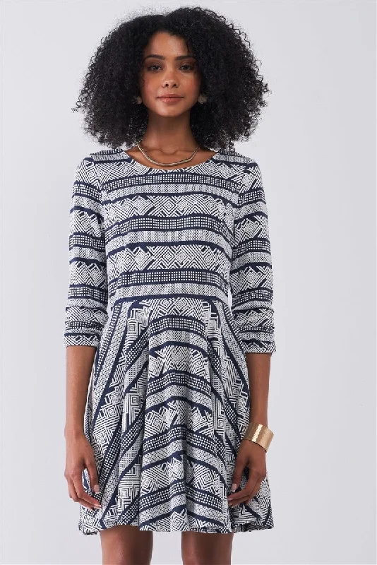 Navy & White Multi Print Round Neck 3/4 Sleeve A-line Mini Dress Comfortable Off-Shoulder Mini Dress