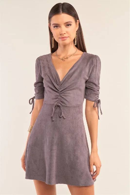 Charcoal Grey Suede Deep Plunge V-neck Gathered Detail Tight Fit Mini Dress Chic Mini Dress with V-Neck