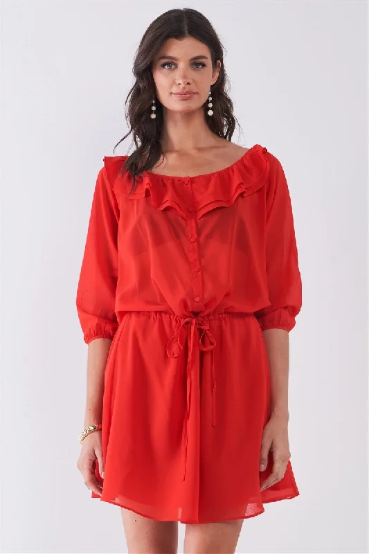 Flame Red Boat Neck Ruffle Collar Midi Sleeve Self-tie Waist Front Button Down Mini Dress Cozy Sweater Mini Dress