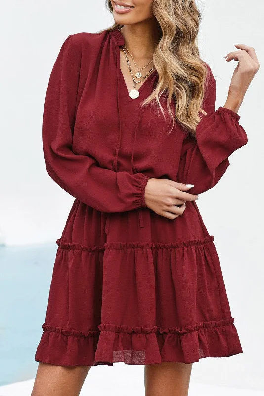 V Neck Long Sleeve Ruffle Tiered Mini Dress Trendy Wraparound Mini Dress