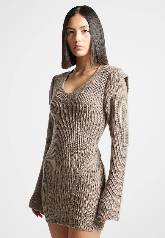 Wide Shoulder Knitted Contour Mini Dress - Taupe Chic Mini Dress with V-Neck