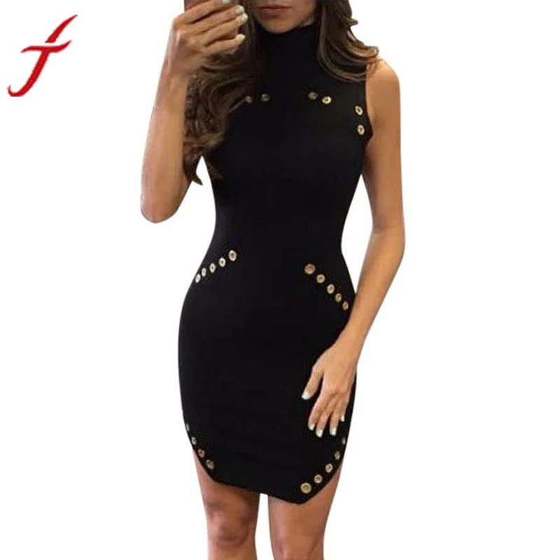 Women Sexy Black Dress Jurken High-Necked Sequin Button Metal circle Sleeveless Package Hip Slim Mini Dress vestido de festa Stylish Short-Sleeve Mini Dress