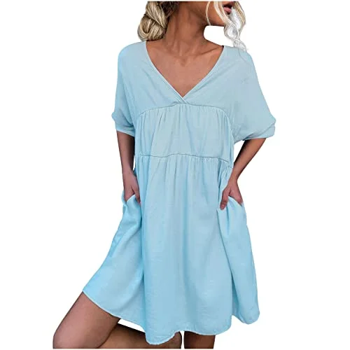 Women V-Neck Short Sleeve Dresses Solid Color Casual Loose Fit Tunic Mini Dress with Pockets | Original Brand Stylish Ribbed Mini Dress