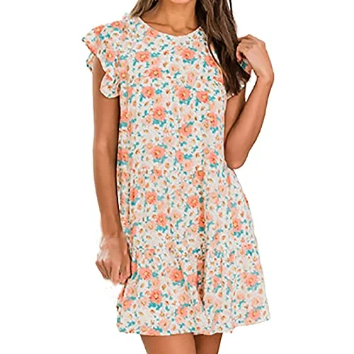 Women's Casual Mini Dress Summer Floral Skirt Round Neck Ruffle Sleeve Beach Short Dress Vintage Sexy Sundress | Original Brand Stylish Sweetheart Neck Mini Dress