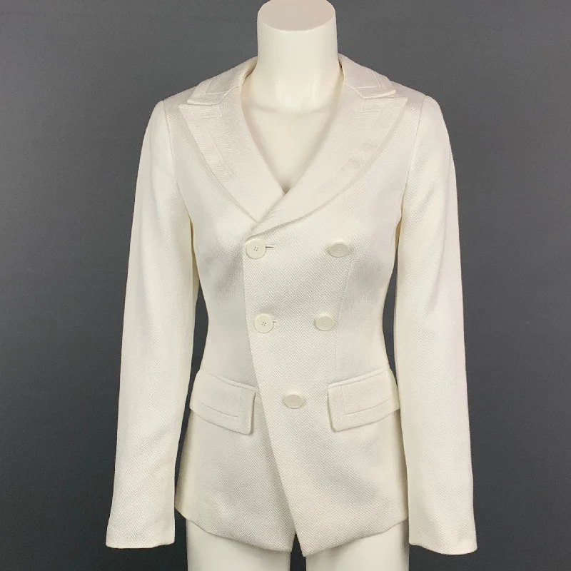 WORTH Size 0 White Textured Cotton Aysmmetrical Double Breasted Jacket Notch Collar Jacket Peter Pan Collar Jacket Cowl Neck Jacket