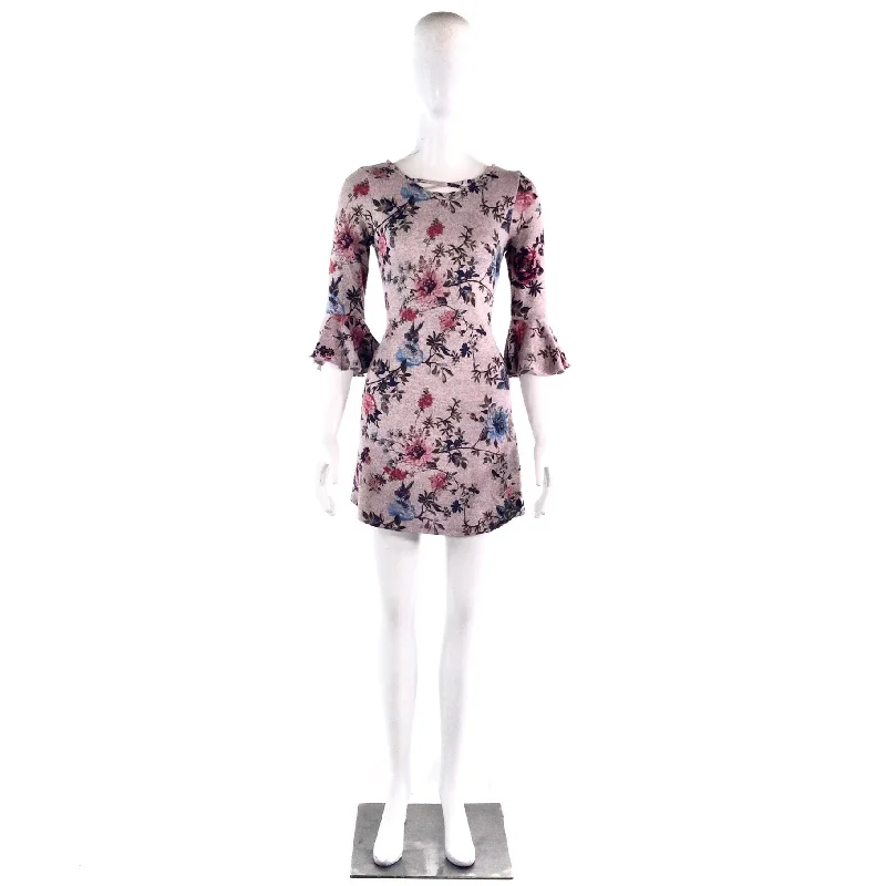 ZUNIE PINK FLORAL 3/4 SLEEVE MINI DRESS-14 Casual V-Neck Mini Dress