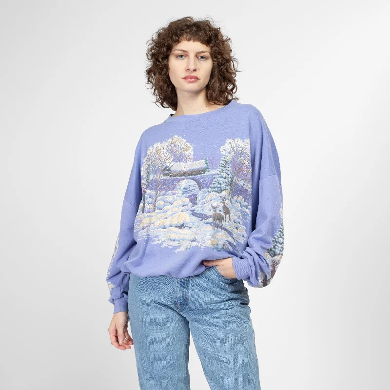 One Size 80s Periwinkle Winter Scene All Over Print Sweatshirt Hoodie with Toggle Buttons Decorative Unique