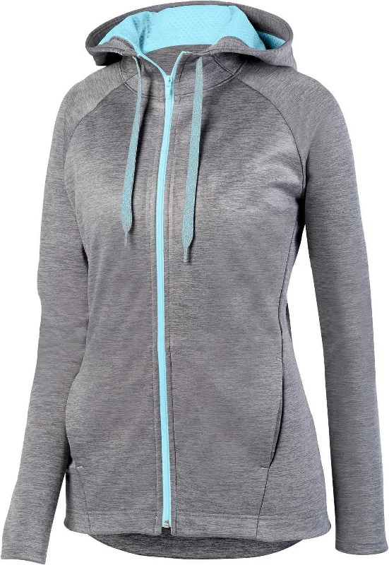 Augusta 5558 Ladies Zoe Tonal Heather Full Zip Hoody - Graphite Aqua Hoodie with Hem Embroidery Detailed Premium