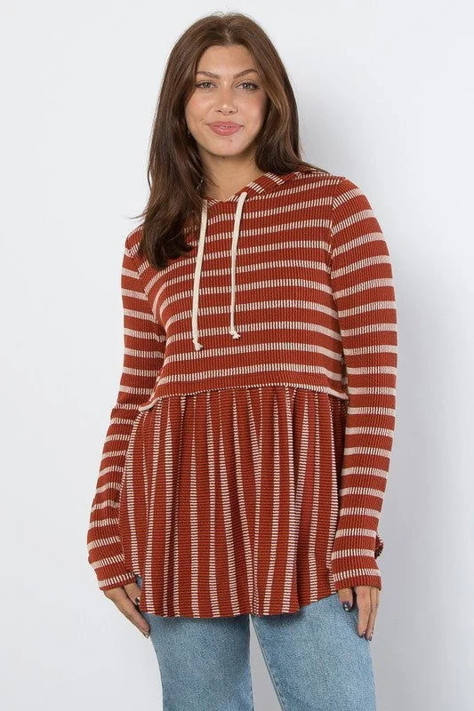 Be Stage Full Size Drawstring Striped Babydoll Hoodie Hoodie with Earth Tones Natural Calm