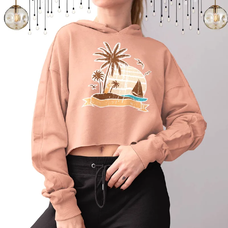 Retro Beach Print Graphic Crop Hoodie for Women, lioness-love Hoodie with Hem Drawcord Adjustable Customizable