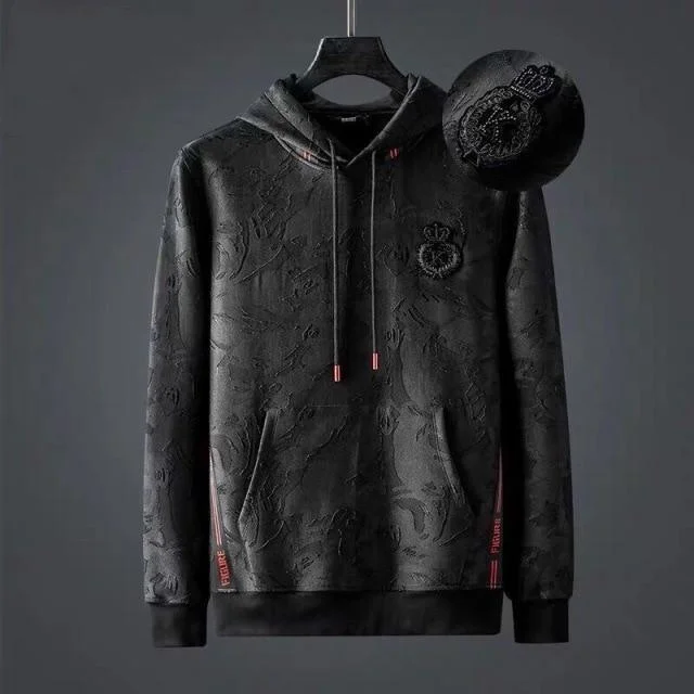 Black Men Hoodie - Embroidered Hoodie with Zipper Placket Modern Functional