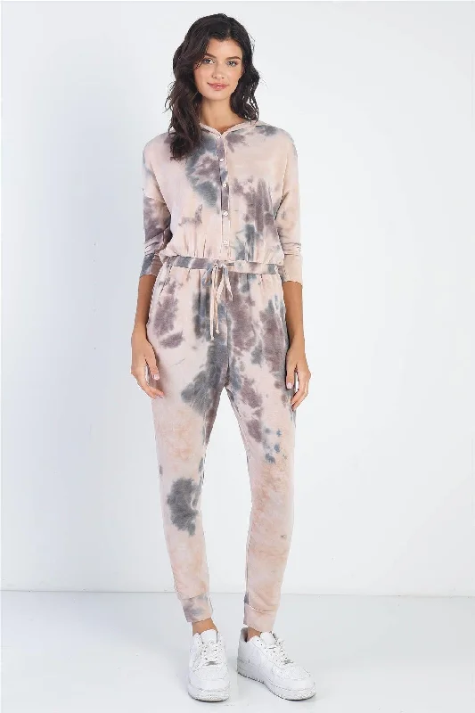 Tie-Dye Button Up Midi Sleeve Hooded Jumpsuit Hoodie with Illustration Artistic Creative