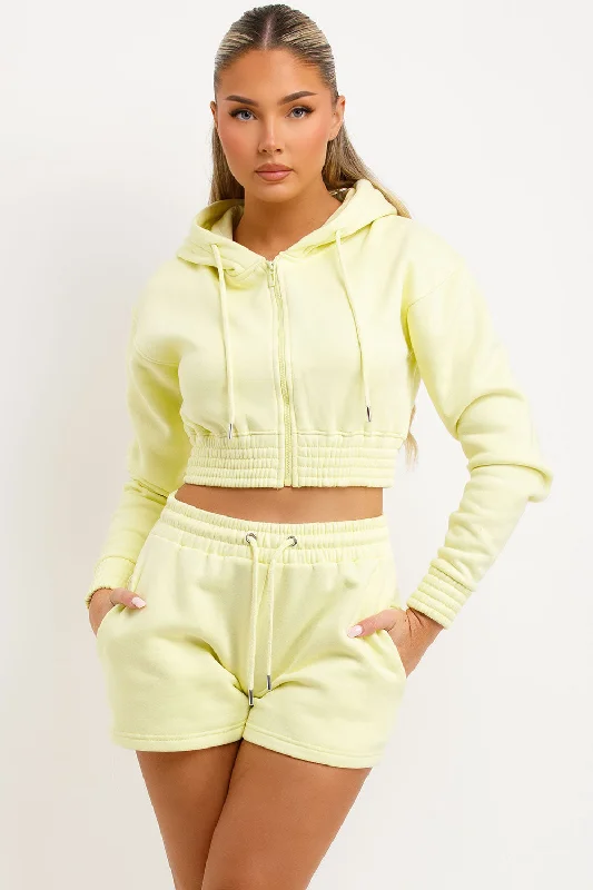 Crop Zip Hoodie And Shorts Tracksuit Set Lemon Hoodie with Belted Waist Structured Tailored