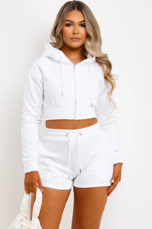 Crop Zip Hoodie And Shorts Tracksuit Set White Hoodie with Hem Elastic Stretchable Comfortable