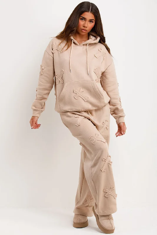 Cross Patch Hoodie And Joggers Tracksuit Lounge Set Beige Hoodie Jacket Zipper Layering