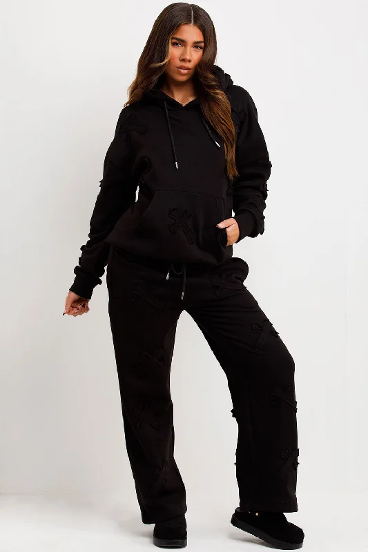 Cross Patch Hoodie And Joggers Tracksuit Lounge Set Black Hoodie with Hem Detail Decorative Unique