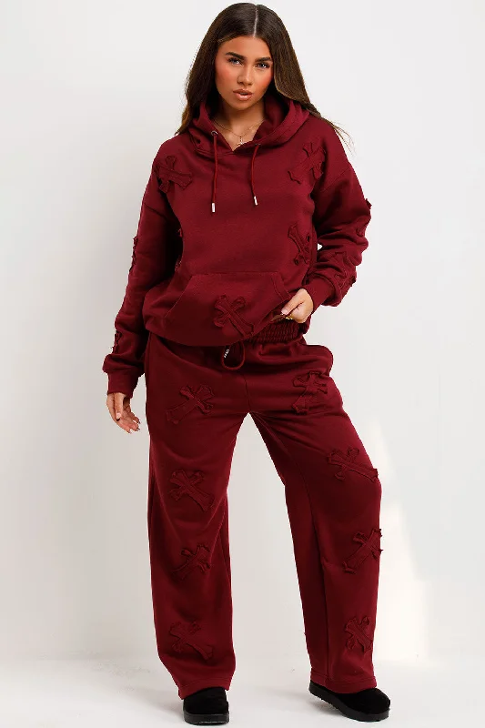 Cross Patch Hoodie And Joggers Tracksuit Lounge Set Burgundy Hoodie with Elastic Cuffs Stretchable Comfortable