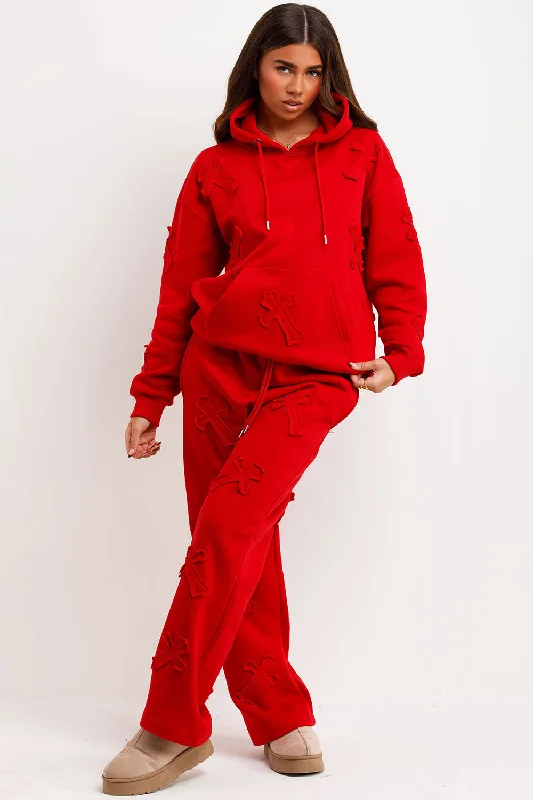 Cross Patch Hoodie And Joggers Tracksuit Lounge Set Red Hoodie with Camouflage Military Edgy