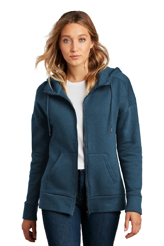 District Womens Perfect Weight Fleece Full Zip Hooded Sweatshirt Hoodie w/ Pockets - Heather Poseidon Blue Hoodie with Mock Neck Collared Structured