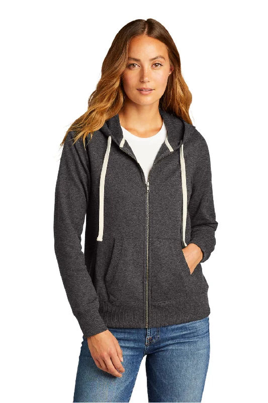 District Womens Re-Fleece Full Zip Hooded Sweatshirt Hoodie w/ Pockets - Heather Charcoal Grey Hoodie with Color Block Contrast Stylish