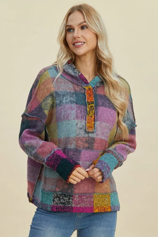 Double Take Full Size Plaid Dropped Shoulder Fleece Hoodie Hoodie with Longline Fit Extended Stylish