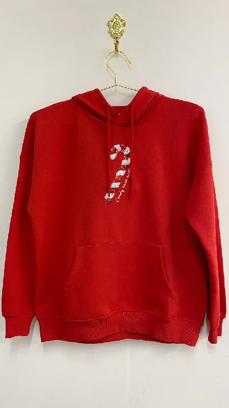 Only Red 'Candy Cane Cutie'  Hooded Christmas Sweatshirt Hoodie with Puffed Sleeves Voluminous Trendy