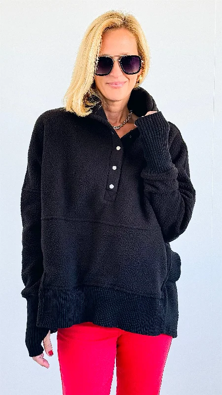 French Terry Pocket Hoodie- Black Hoodie with Set-In Sleeves Structured Classic