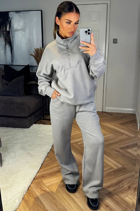 Half Zip Sweatshirt And Joggers Loungewear Set Dove Grey Hoodie with Ribbed Cuffs Snug Fit Comfort