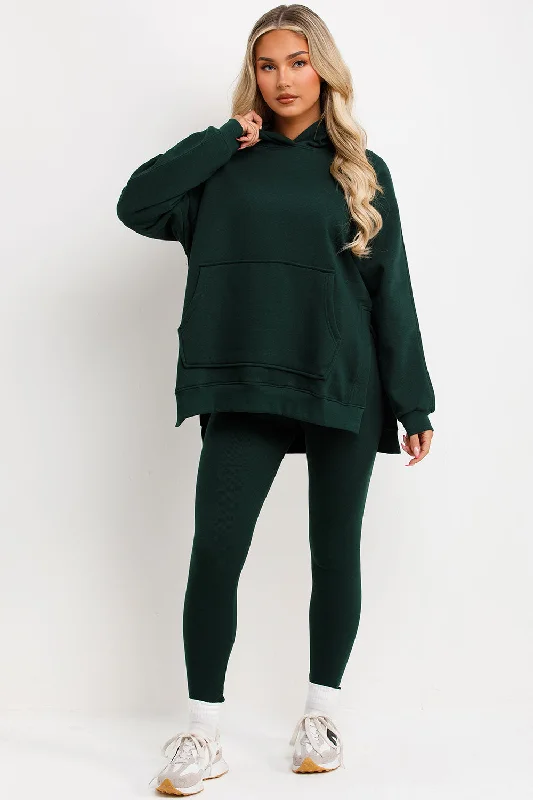 Hoodie And Leggings Set Green Hoodie with Hem Detail Decorative Unique