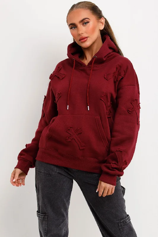 Hoodie With Cross Applique Embroidery Burgundy Hoodie with Zipper Versatile Modern