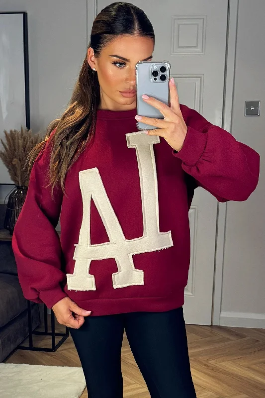 LA Jumper Sweatshirt Burgundy Hoodie with Cropped Fit Short Trendy