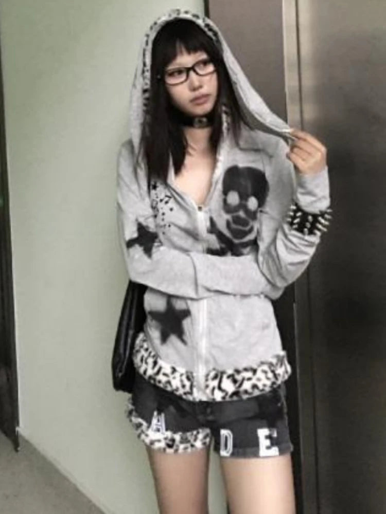 Lunivop Japanese Punk Skull Print Hoodie Coats Streetwear Vintage Rabbit's Ears Slim Sweatshirts Y2k Aesthetic Casual Patchwork Hoodies Hoodie with Mesh Breathable Sporty