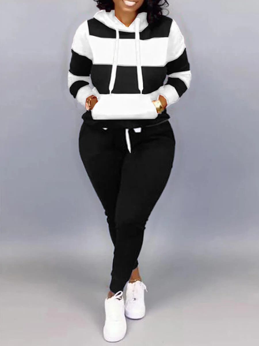 LW Plus Size Sporty Hooded Collar Striped Tracksuit Set Black White Patchwork Kangaroo Pocket Design Tracksuit Sportswear Set Hoodie with Bell Sleeves Flared Feminine