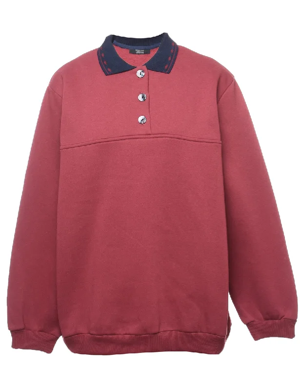 Maroon & Navy Collar Detail Plain Sweatshirt - L Hoodie with Zipper Versatile Modern