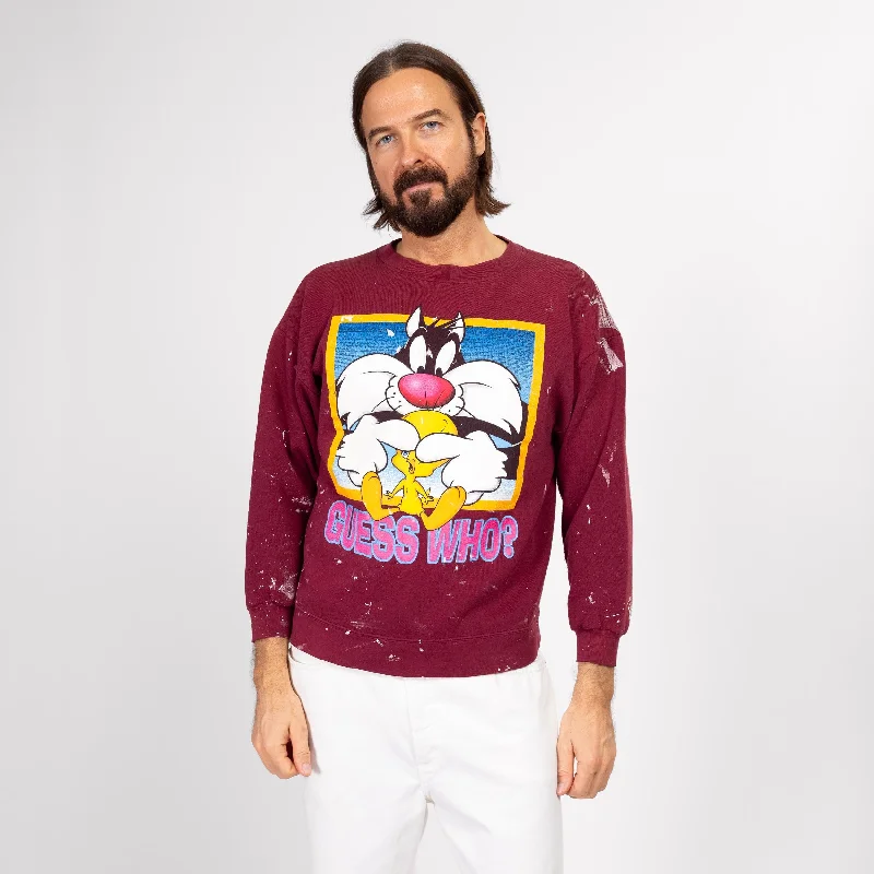 Medium 90s Sylvester & Tweety Bird Paint Splattered Sweatshirt Hoodie with Zipper Placket Modern Functional