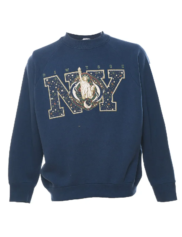 New York Printed Navy Sweatshirt - L Hoodie with Print Artistic Unique