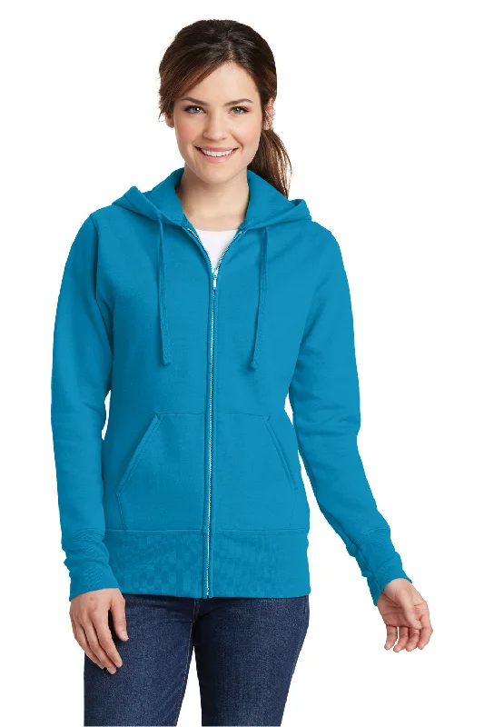 Port & Company Womens Core Pill Resistant Fleece Full Zip Hooded Sweatshirt Hoodie w/ Pockets - Neon Blue Hoodie with Set-In Sleeves Structured Classic