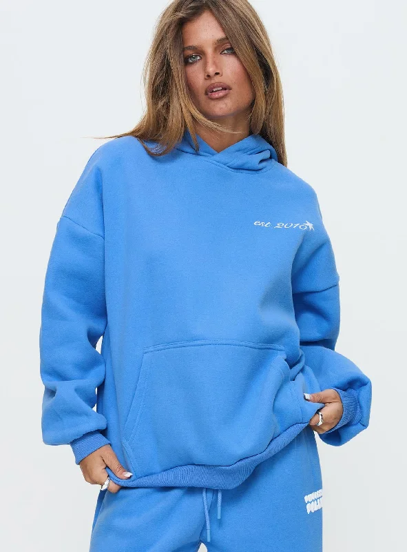 Princess Polly Hooded Sweatshirt Bubble Text Blue / White Hoodie with Bell Sleeves Flared Feminine