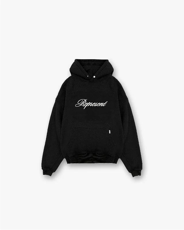 Script Logo Hoodie - Black Hoodie with Hem Fringe Bohemian Relaxed